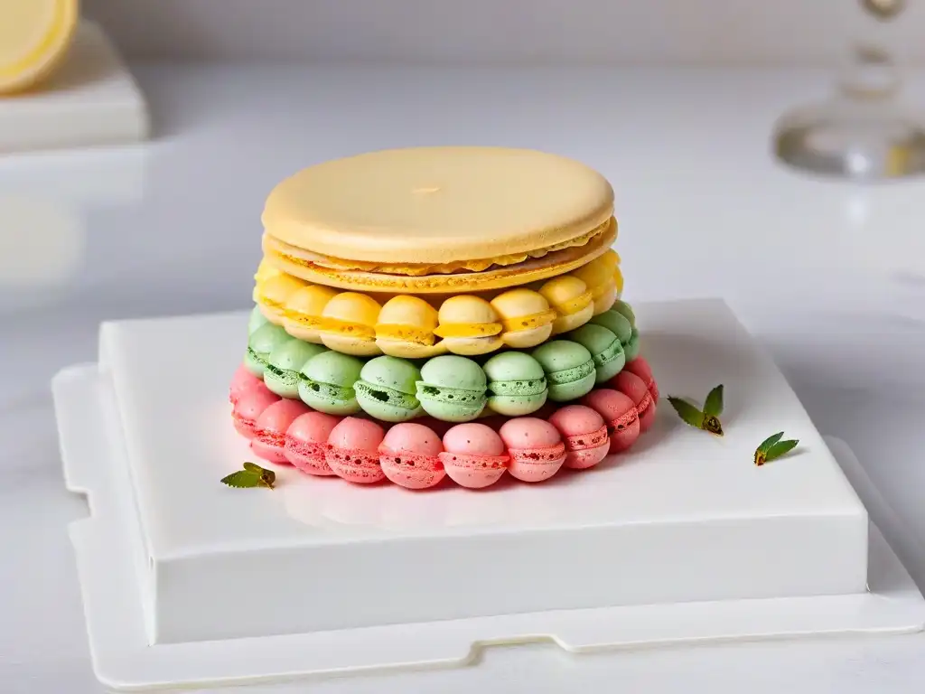 Delicada exhibición de macarons coloridos en mármol blanco