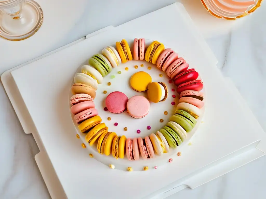 Delicada exhibición de macarons en tonos pastel con recetas personalizadas, sobre mármol elegante