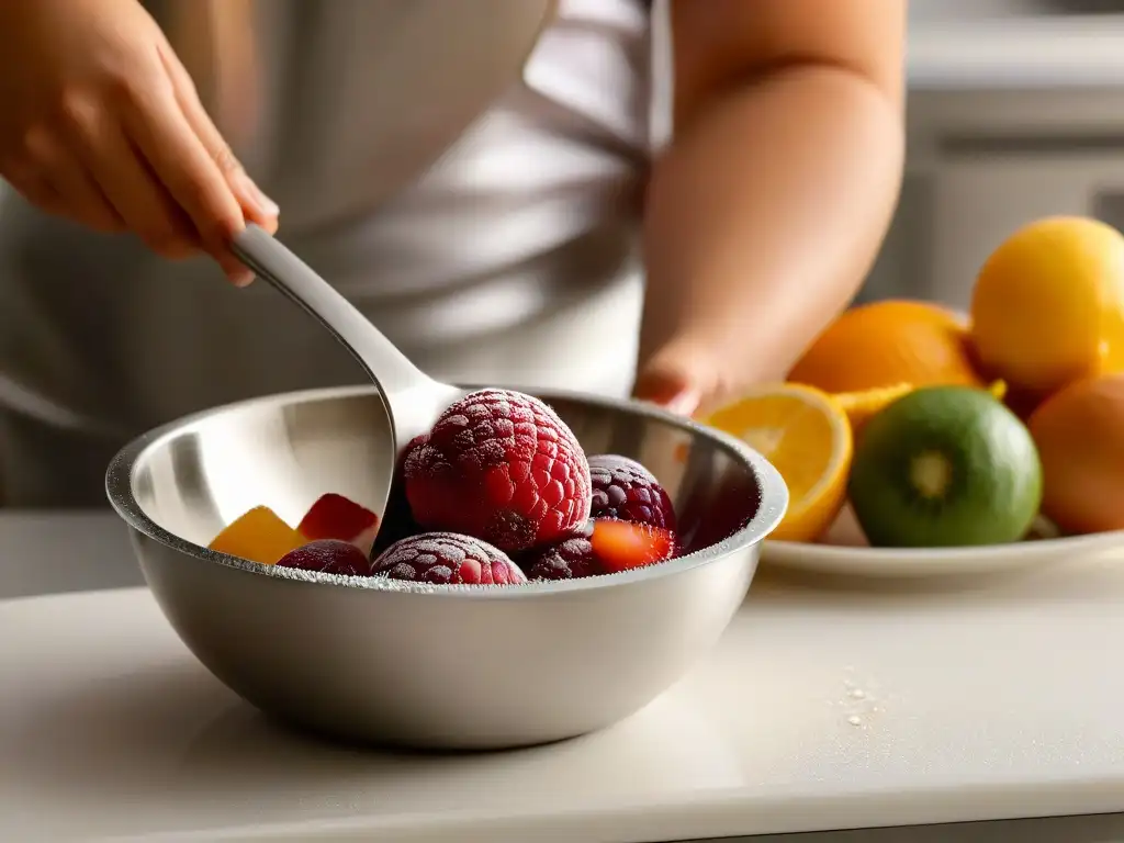 Delicada mano sirviendo sorbete de frutas gourmet en un elegante utensilio de acero inoxidable