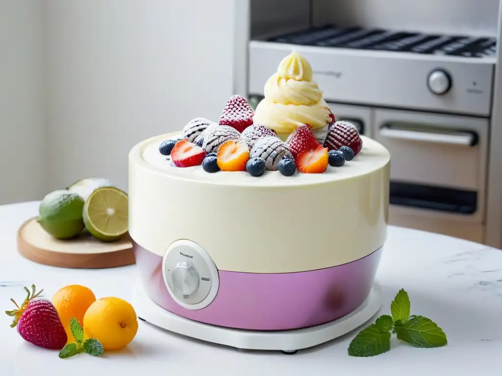 Delicada máquina de hacer helado casero recomendada, mezclando sorbete, frutas frescas y menta en elegante cocina blanca