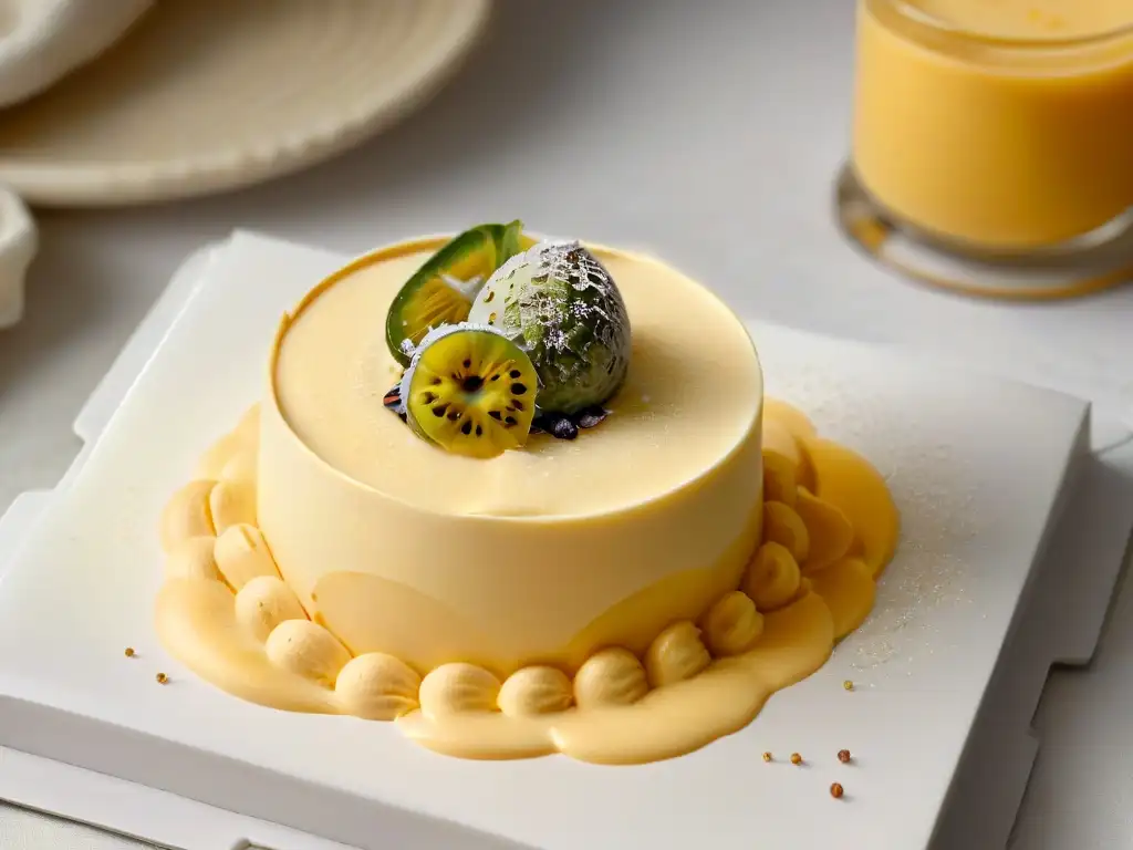 Delicada mousse de maracuyá con semilla brillante en suaves tonos, ¡una obra de arte culinaria!