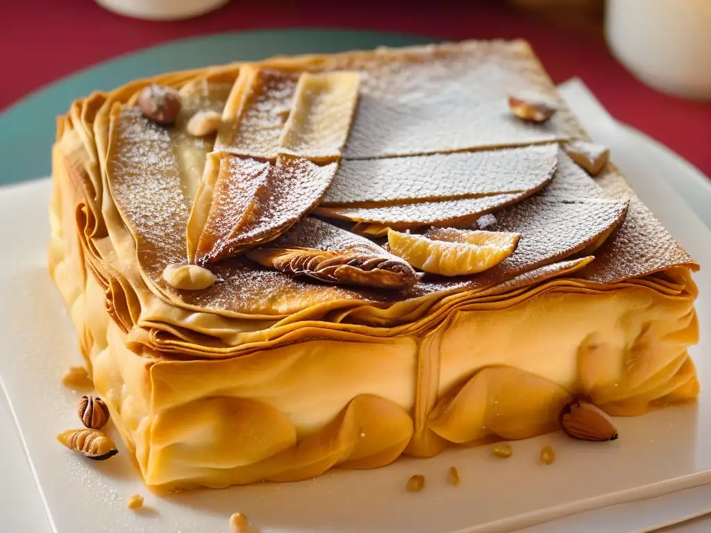 Delicada masa dorada de hojaldre cubriendo un relleno de nueces y jarabe dulce