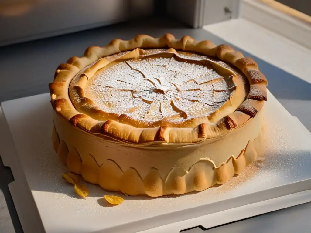 Delicada masa dorada de pastel recién horneado, resaltando capas y brillo, con fondo minimalista