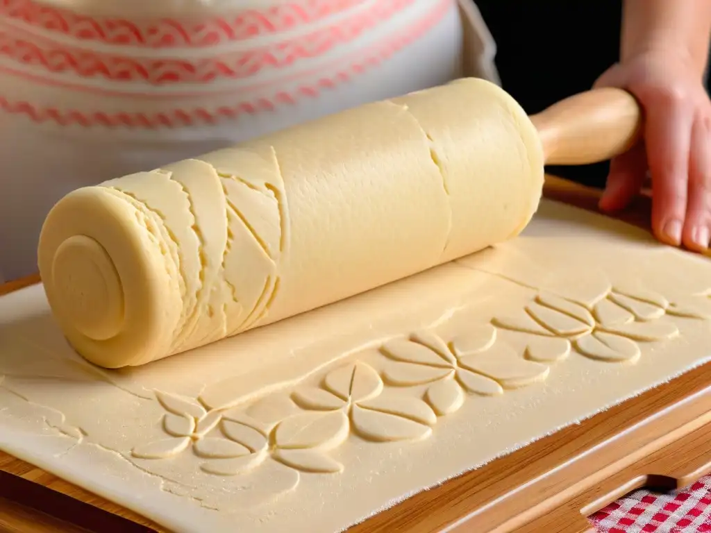 Delicada masa de galletas siendo extendida con rodillo con diseños para repostería, resaltando patrones geométricos