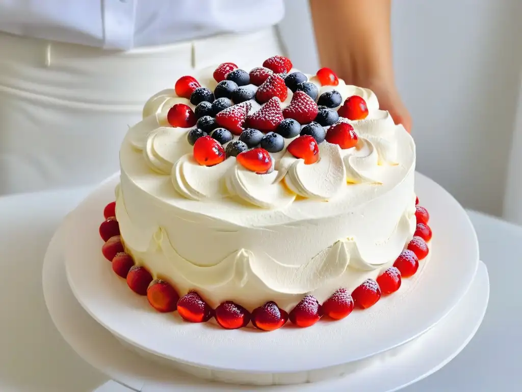 Delicada preparación de merengue pavlova con frutos rojos en cuenco blanco