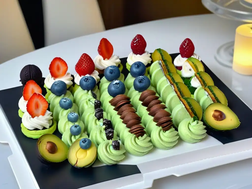 Delicada mesa de postres diabéticos con macarons sin azúcar, parfait de chía y tartas de aguacate y chocolate, decoradas con bayas y hojas de menta