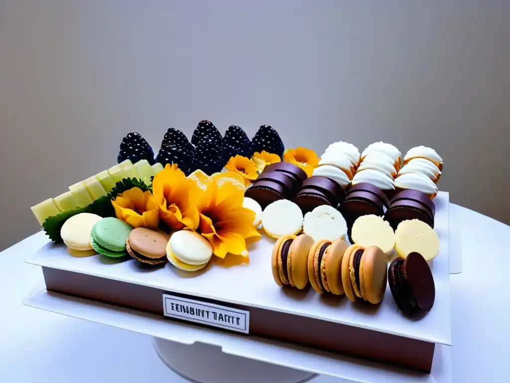 Delicada mesa de postres sin gluten en evento corporativo, con macarons, tartaletas de frutas y trufas de chocolate