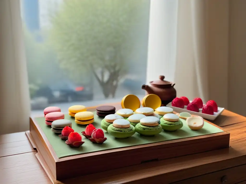 Delicada mezcla de té y postres en una escena serena de ceremonia, con elegante juego de té y coloridos macarons