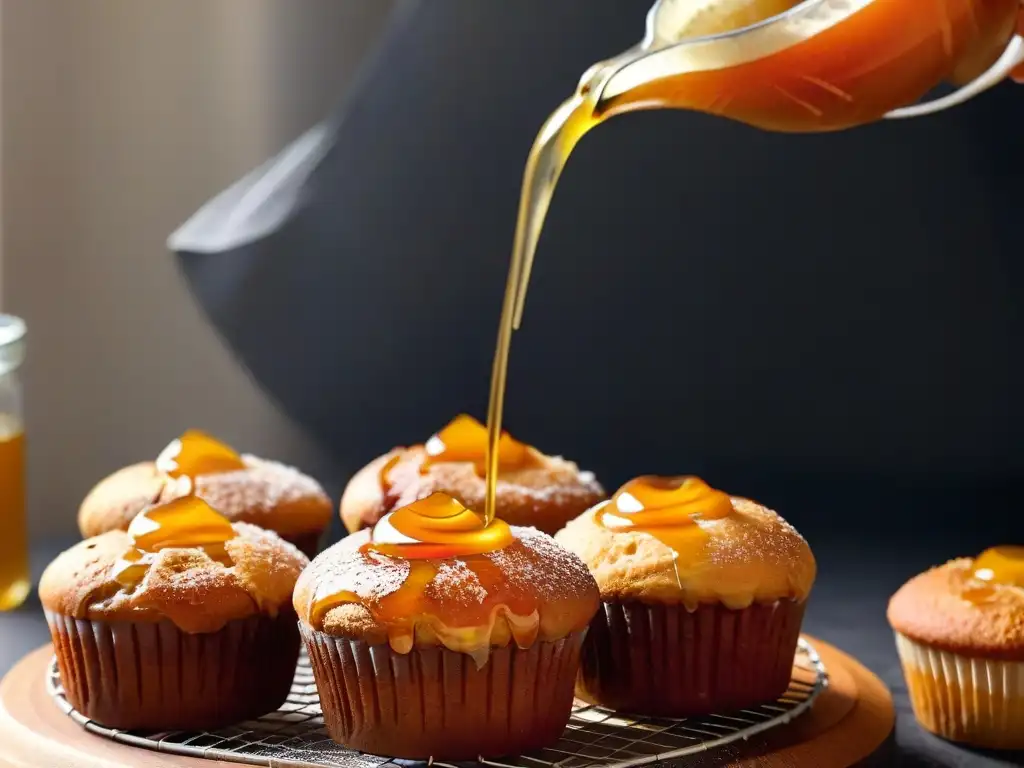 Delicada miel de abeja goteando sobre muffins recién horneados