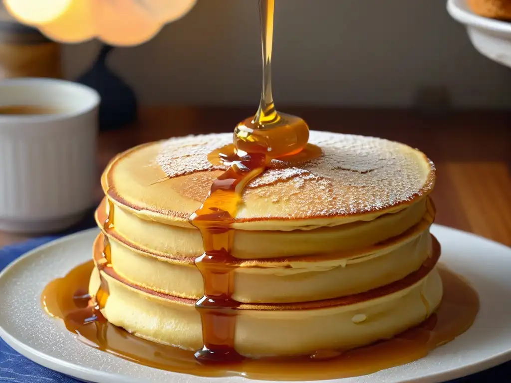 Deliciosa miel dorada sobre pancakes esponjosos Delicada miel dorada bañando pancakes esponjosos