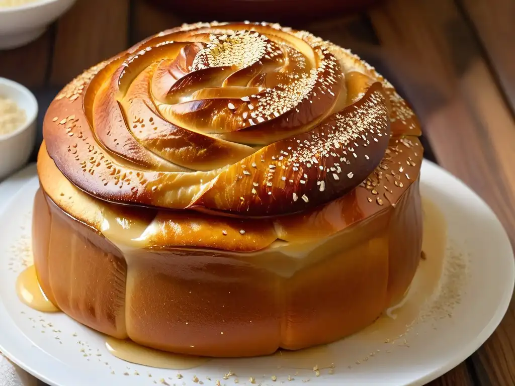 Delicada miel dorada sobre challah recién horneado, con semillas de sésamo