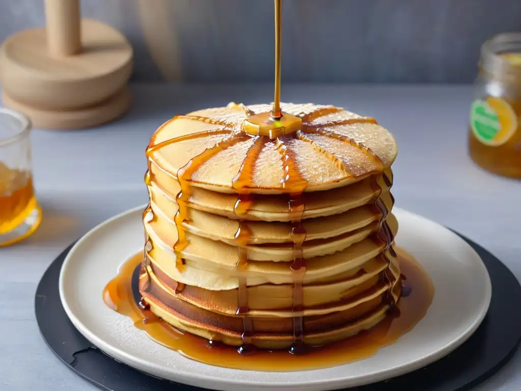 Delicada miel vegana dorada fluyendo sobre pancakes veganos, resaltando texturas y brillo