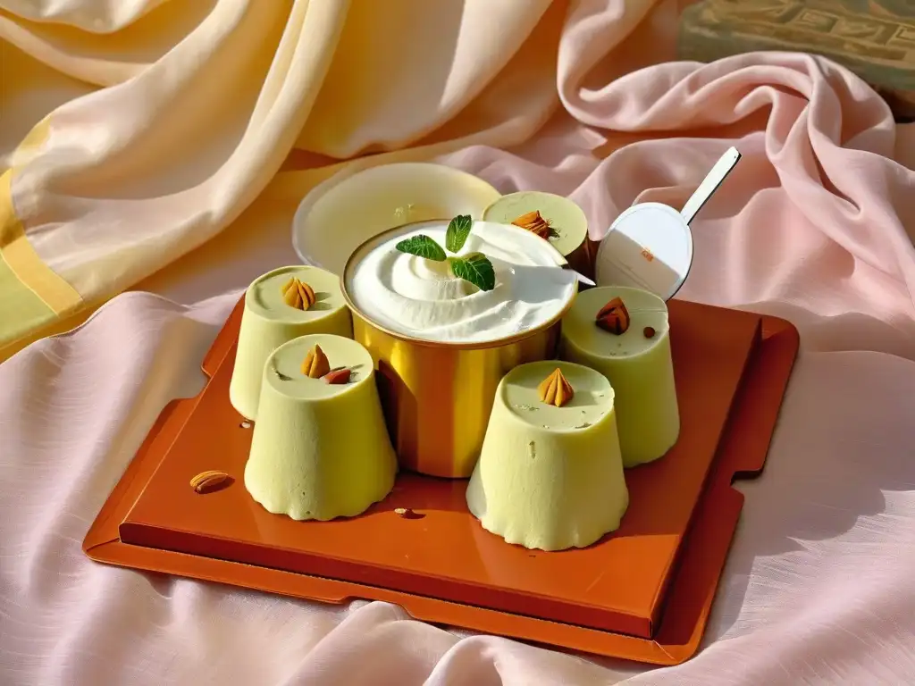 Delicada presentación de un molde tradicional de kulfi hindú en tejido de seda azafrán, evocando la receta helado kulfi casero