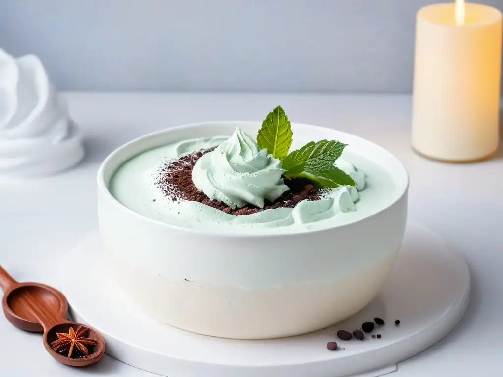 Delicada mousse montada con textura y picos suaves, decorada con cacao y menta