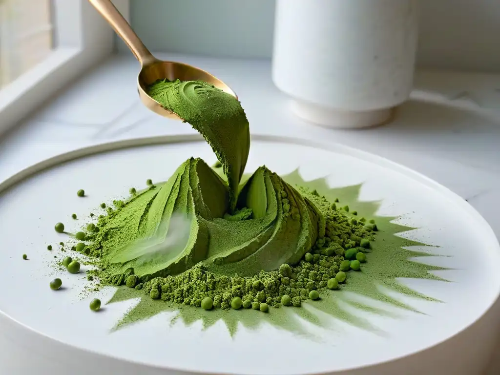 Delicada nube verde de matcha en polvo cayendo sobre encimera de mármol, con luz natural