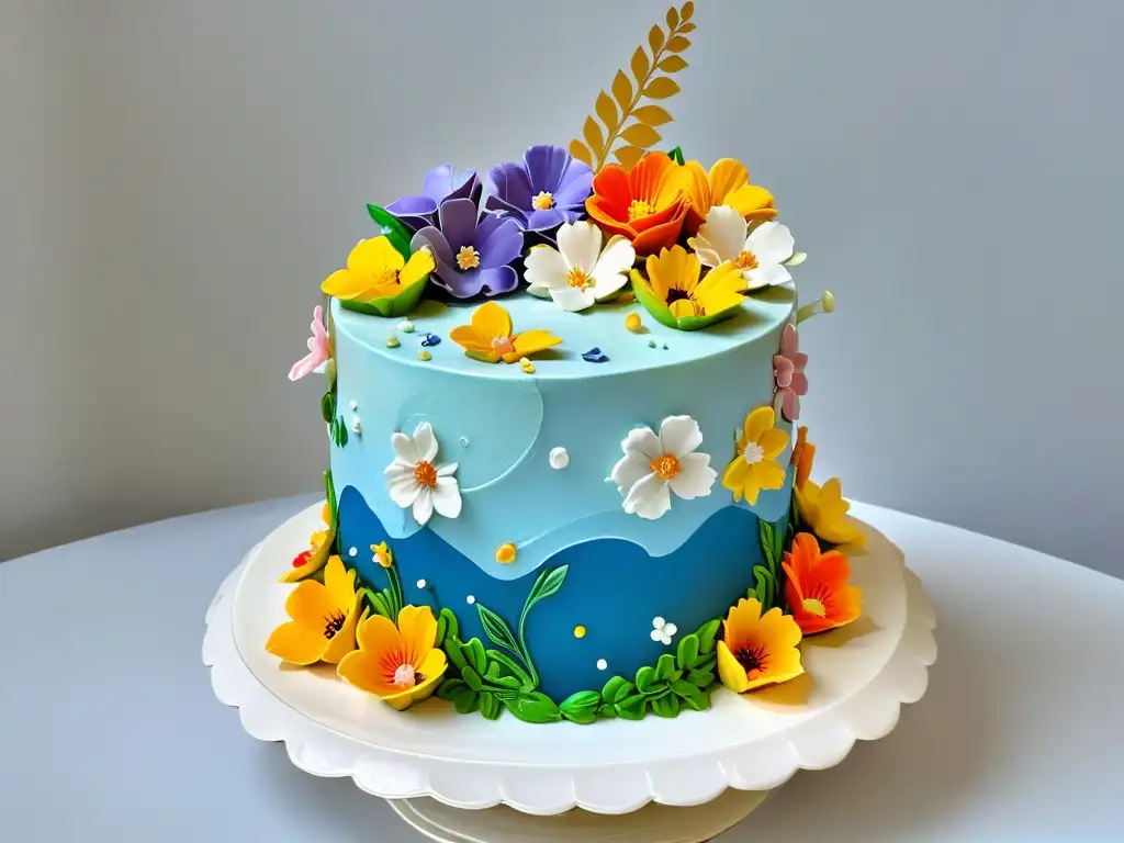 Delicada obra de arte: pastel decorado con fondant colorido y detalladas flores de azúcar, en un concurso de repostería