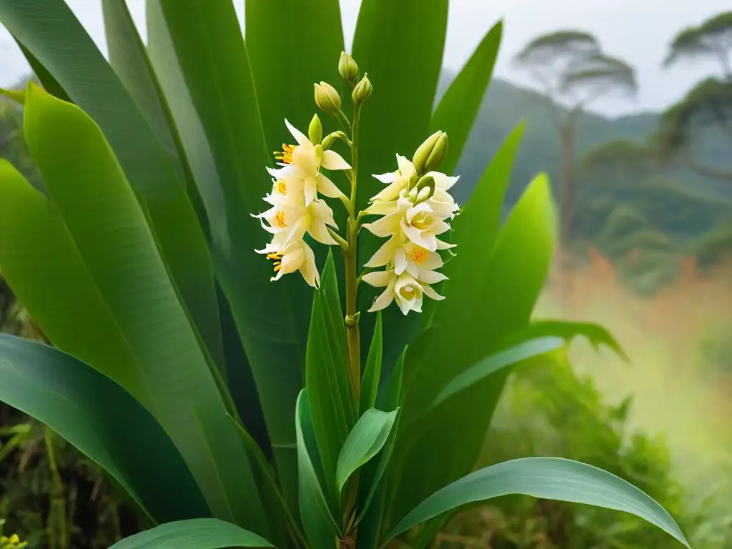 Delicada orquídea de vainilla malgache en floración, con vainas de vainilla