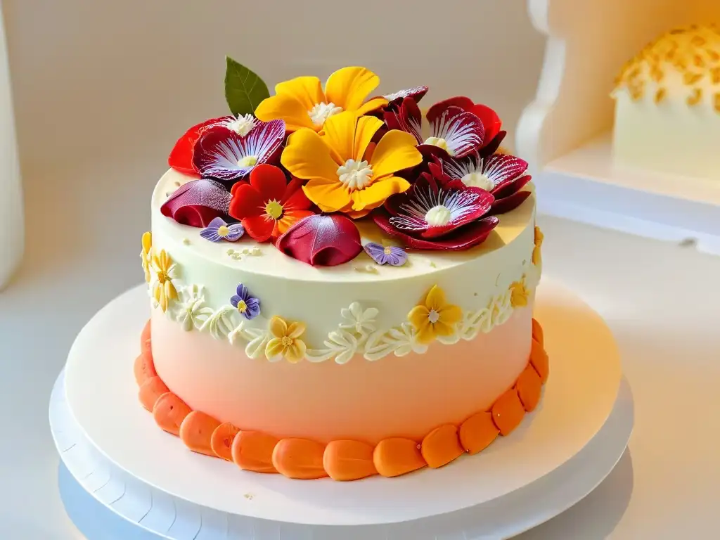 Delicada creación de pastelería con fondant, flores comestibles y detalles meticulosos en manos de un chef