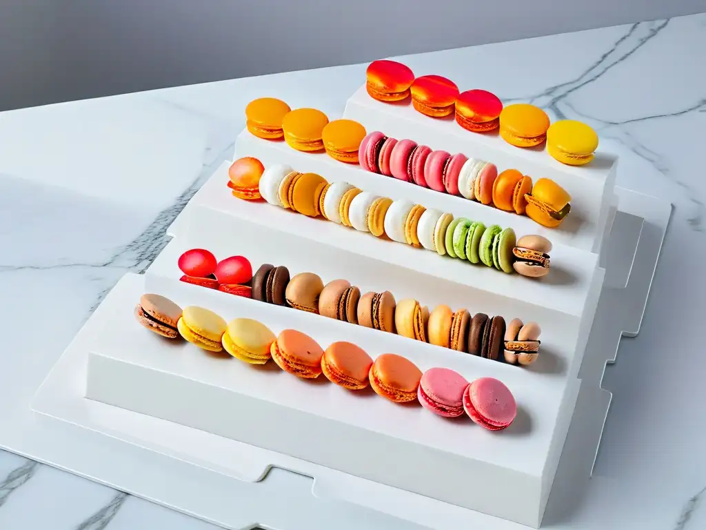 Delicada pastelería francesa con macarons en patrón geométrico, diseño minimalista y vibrantes colores contrastantes en mármol