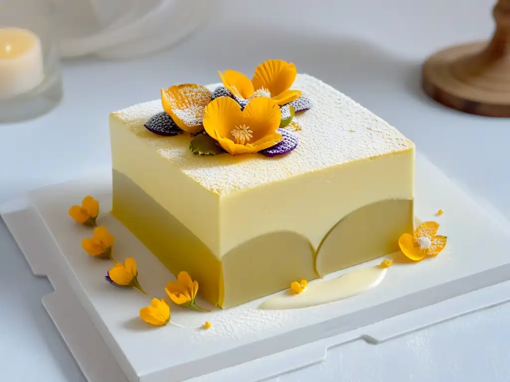 Delicada pastelería fusiona tendencias globales en un diseño detallado con flores comestibles y hojas de oro, sobre un plato minimalista