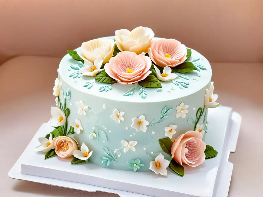 Delicada decoración de pasteles tendencias globales en pastel de bodas de varios niveles con flores de azúcar en tonos suaves