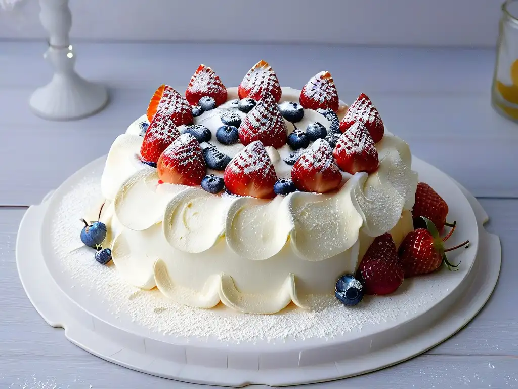 Delicada Pavlova con fresas y arándanos sobre fondo negro