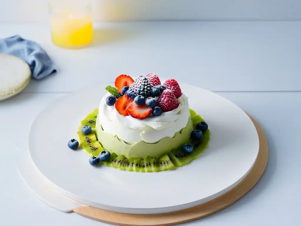 Delicada Pavlova con frutas frescas en un plato, postre icónico Australia Nueva Zelanda