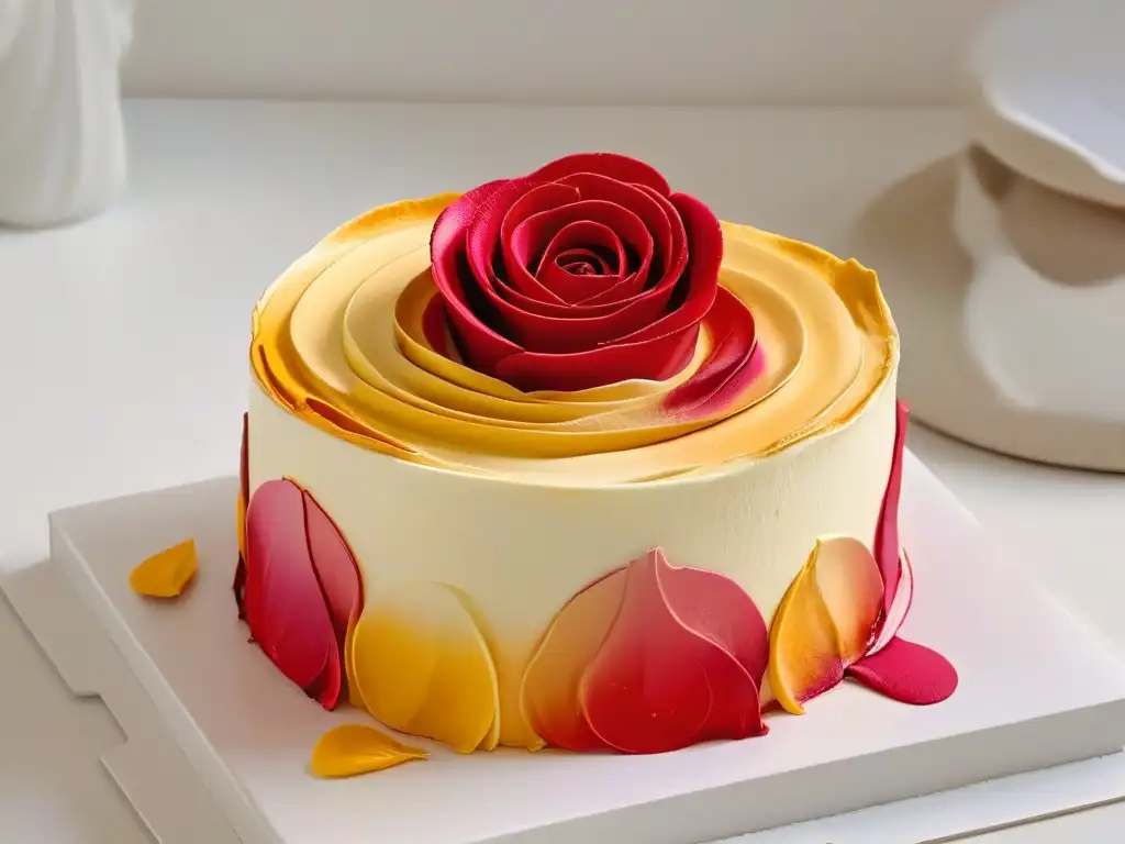 Una delicada rosa de fondant con pintura comestible en degradado de magenta a dorado, tendencias repostería pintura comestible