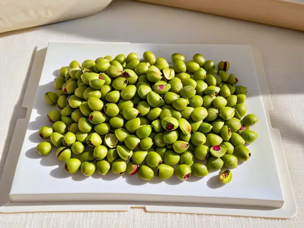 Delicada composición de pistachos verdes y frambuesas rojas frescas en encimera de mármol