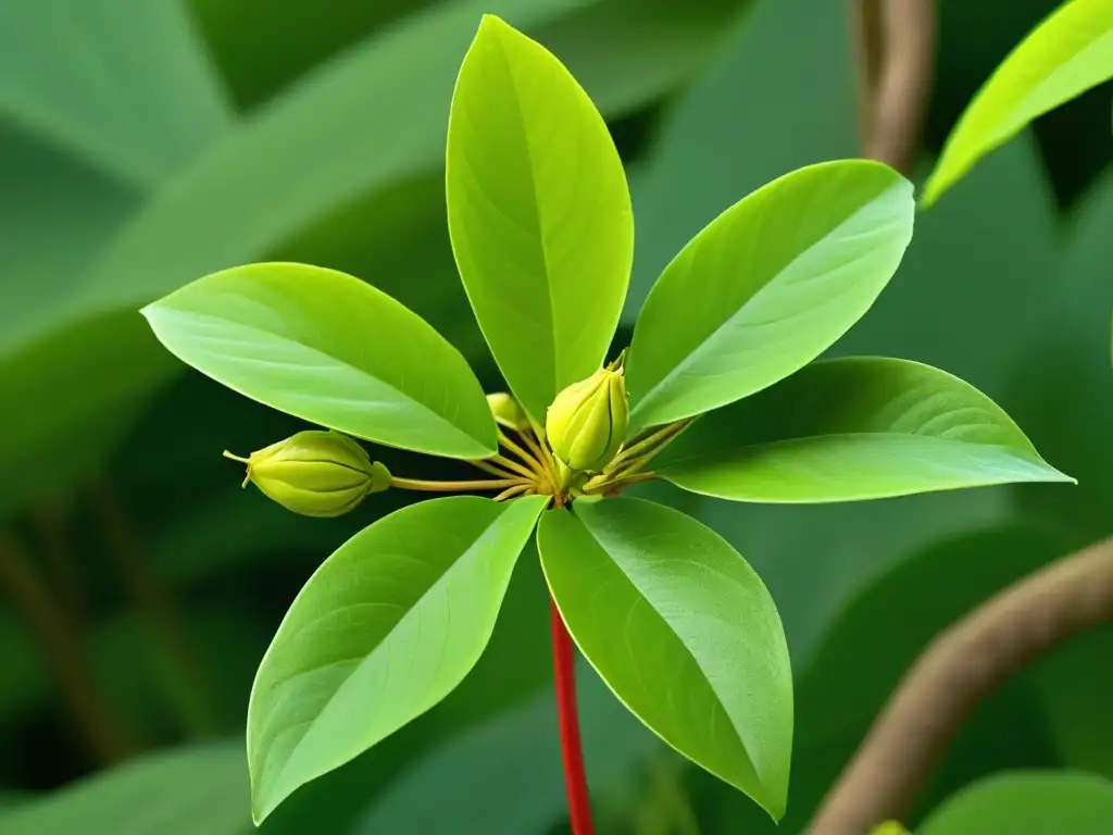 Delicada planta de sacha inchi con hojas verdes y semillas estrelladas