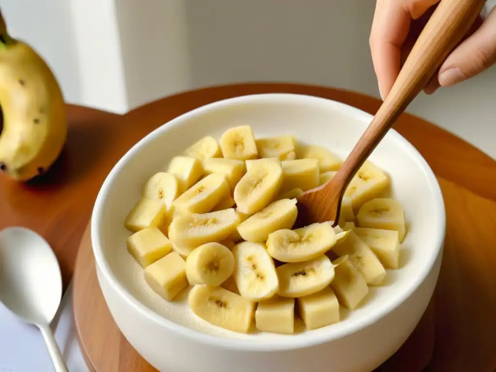 Delicada preparación de un plátano maduro en un bol blanco, ideal como sustituto huevo en recetas