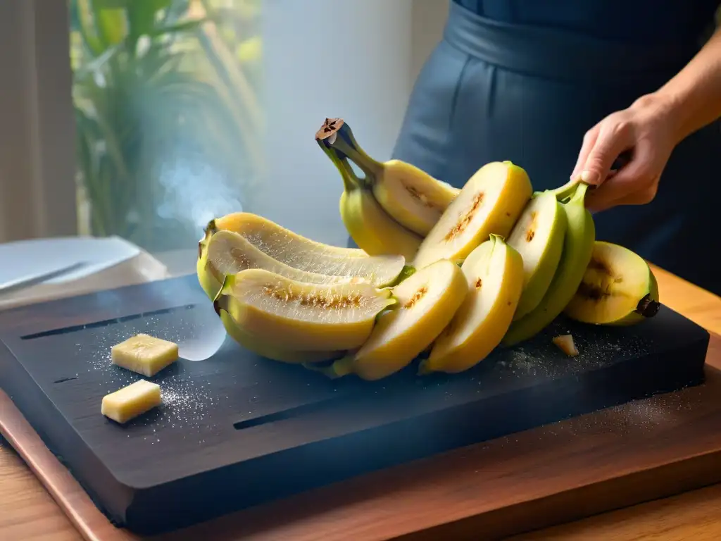 Delicada preparación de un plátano maduro siendo cortado en finas rodajas, ideal para la receta turón bananos caramelizados