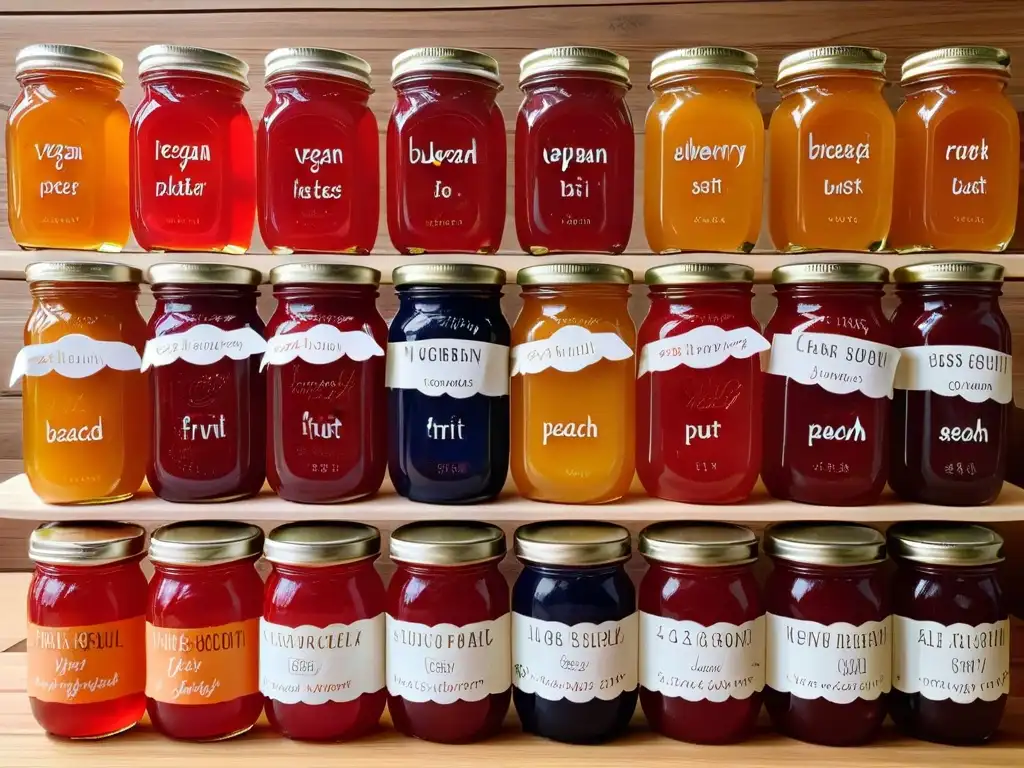 Deliciosas mermeladas veganas caseras en frascos de vidrio Una delicada presentación de mermeladas veganas caseras en frascos de vidrio sobre fondo de madera