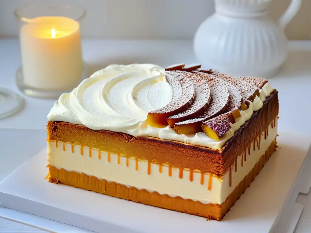 Delicada rebanada de Medovik, un postre tradicional de Europa del Este, adornado con crema y miel dorada