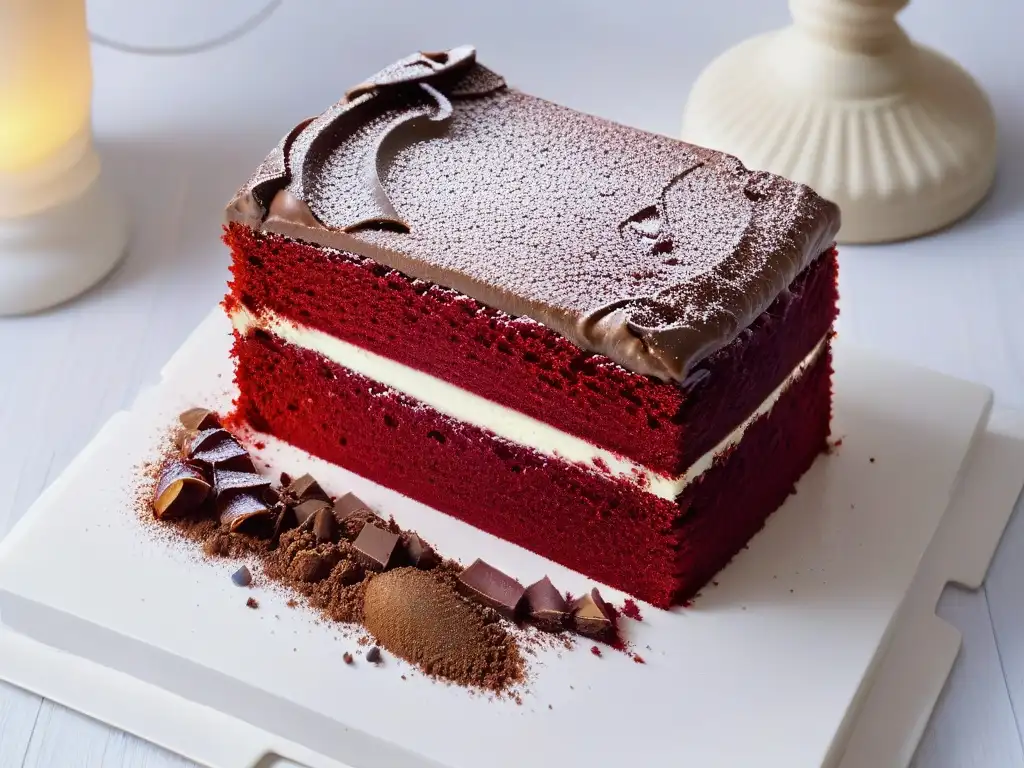 Delicada rebanada de pastel Red Velvet en plato blanco, resaltando su textura aterciopelada y color rojo intenso