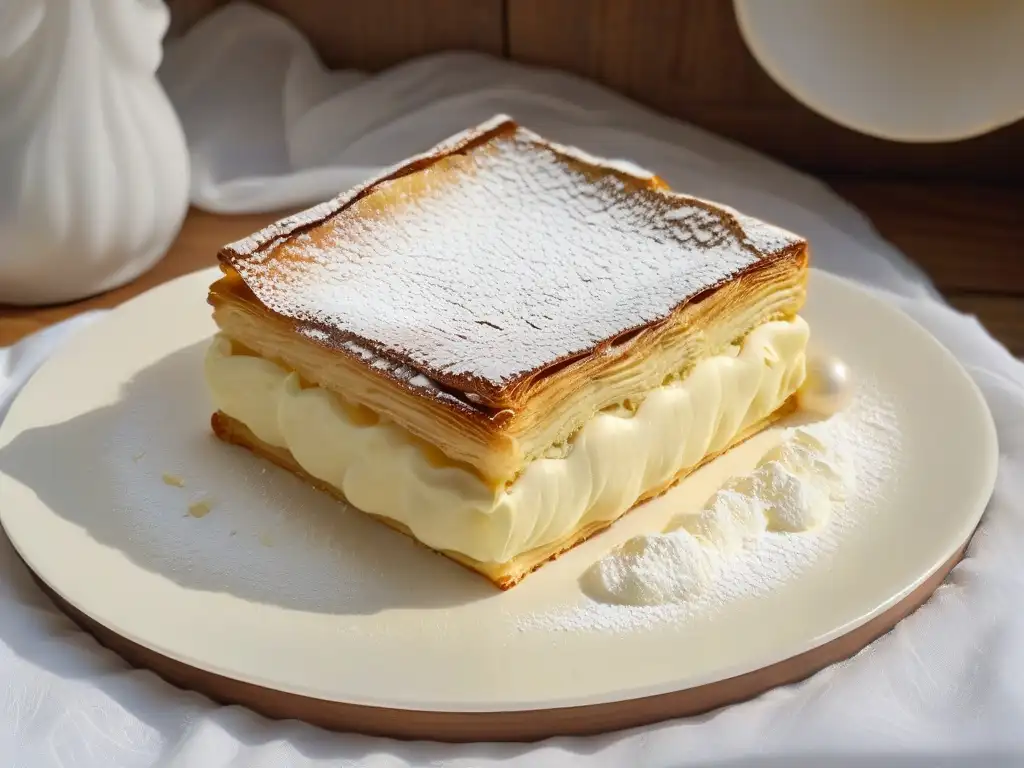 Delicada rebanada de Kremówka papieska en plato de porcelana sobre mesa de madera rústica