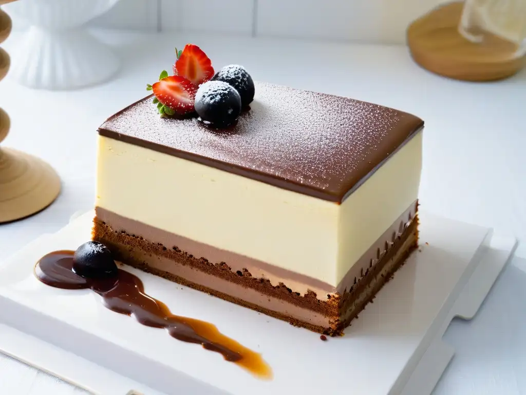 Delicada rebanada de Tarta Ópera con capas de ganache de chocolate, bizcocho de café y crema