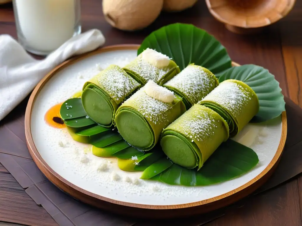 Delicada Receta Kuih Dadar coco: Crepe verde de pandan relleno de coco y azúcar de palma, decorado con coco rallado en plato blanco moderno