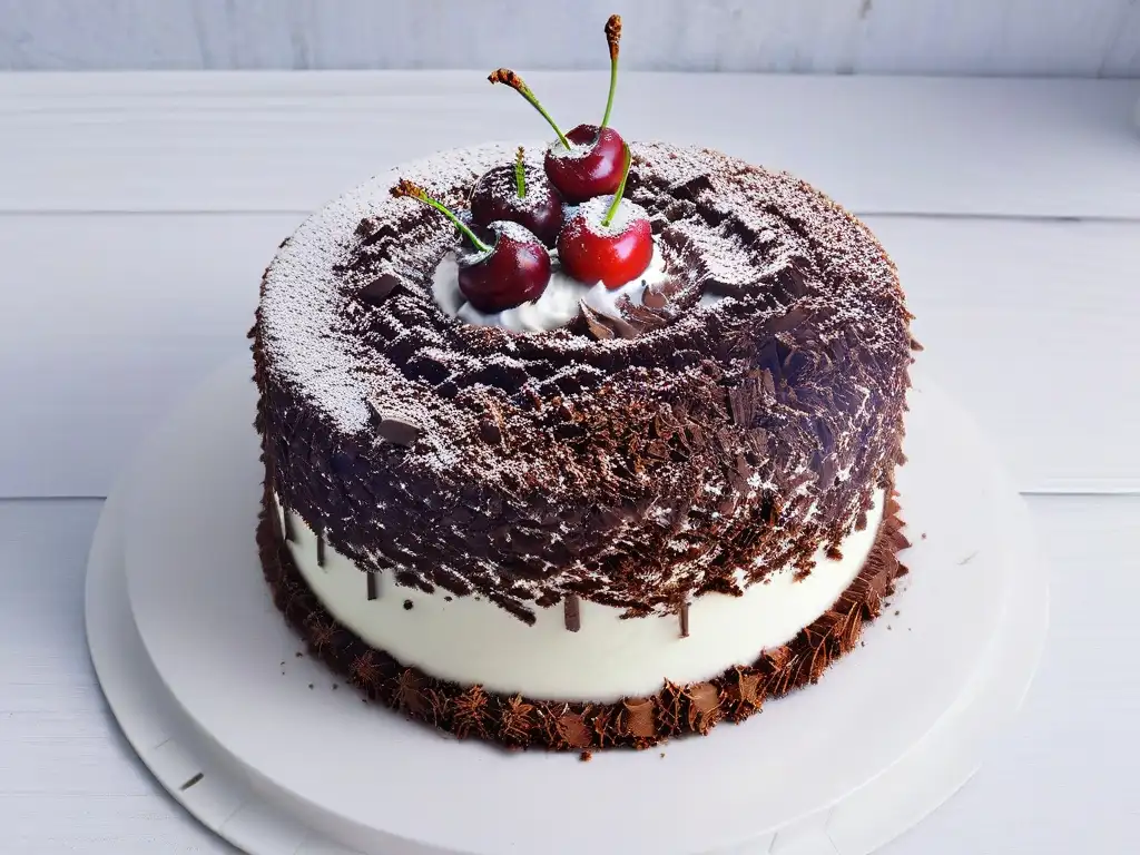 Delicada repostería alemana: pastel Selva Negra con capas de chocolate, crema y cerezas en un soporte blanco