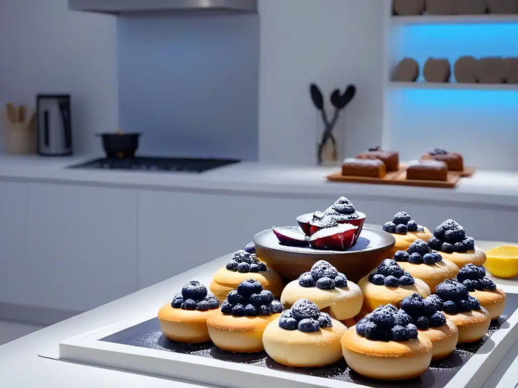 Delicada repostería con arándanos deshidratados en encimera de cocina moderna