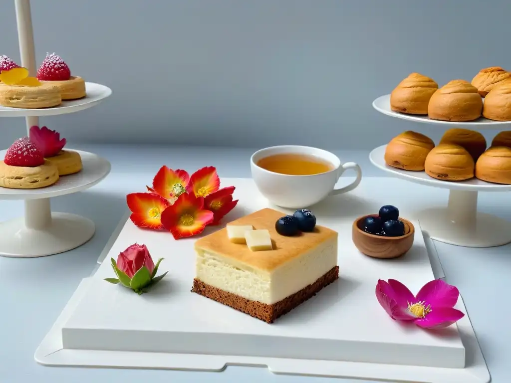 Delicada adaptación de repostería británica con tendencias modernas en un elegante té de la tarde minimalista