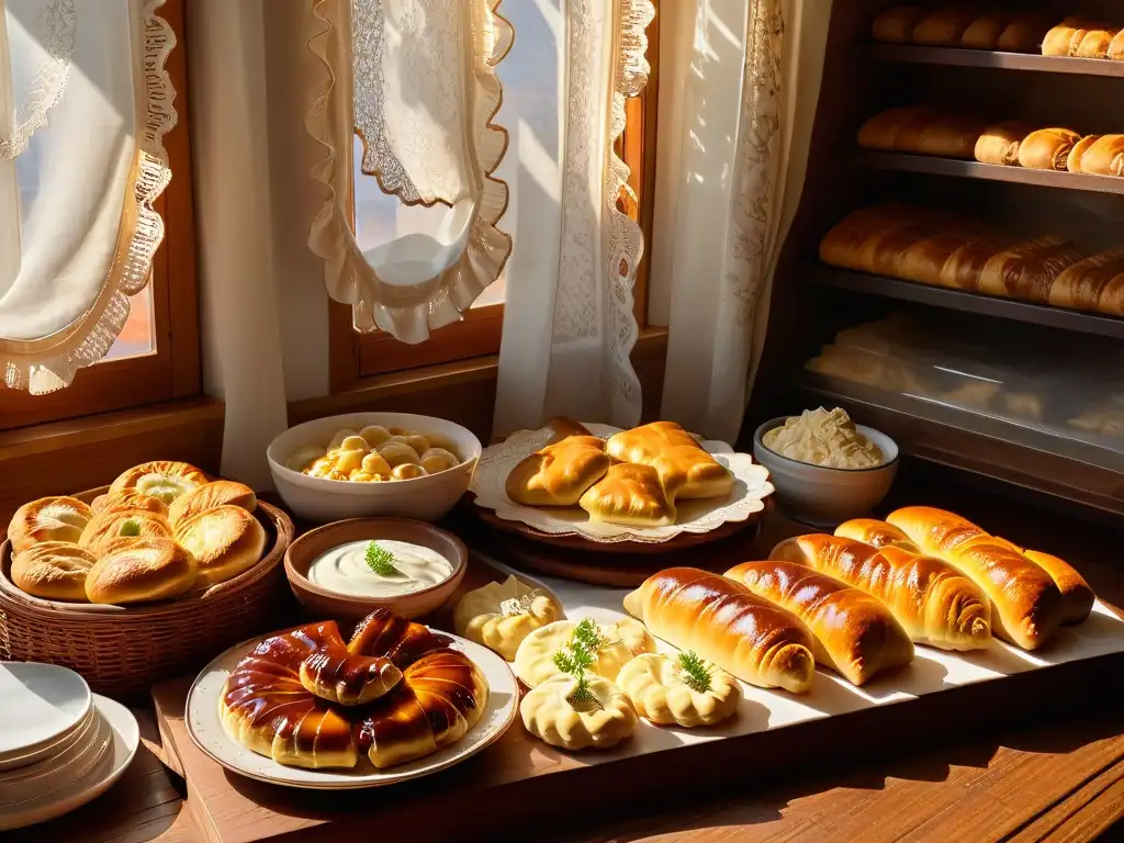 Delicias tradicionales en cocina acogedora: pierogi, strudel y babka en mesa de madera Delicada repostería casera de Europa del Este en una cocina acogedora, con pasteles tradicionales sobre una mesa rústica de madera