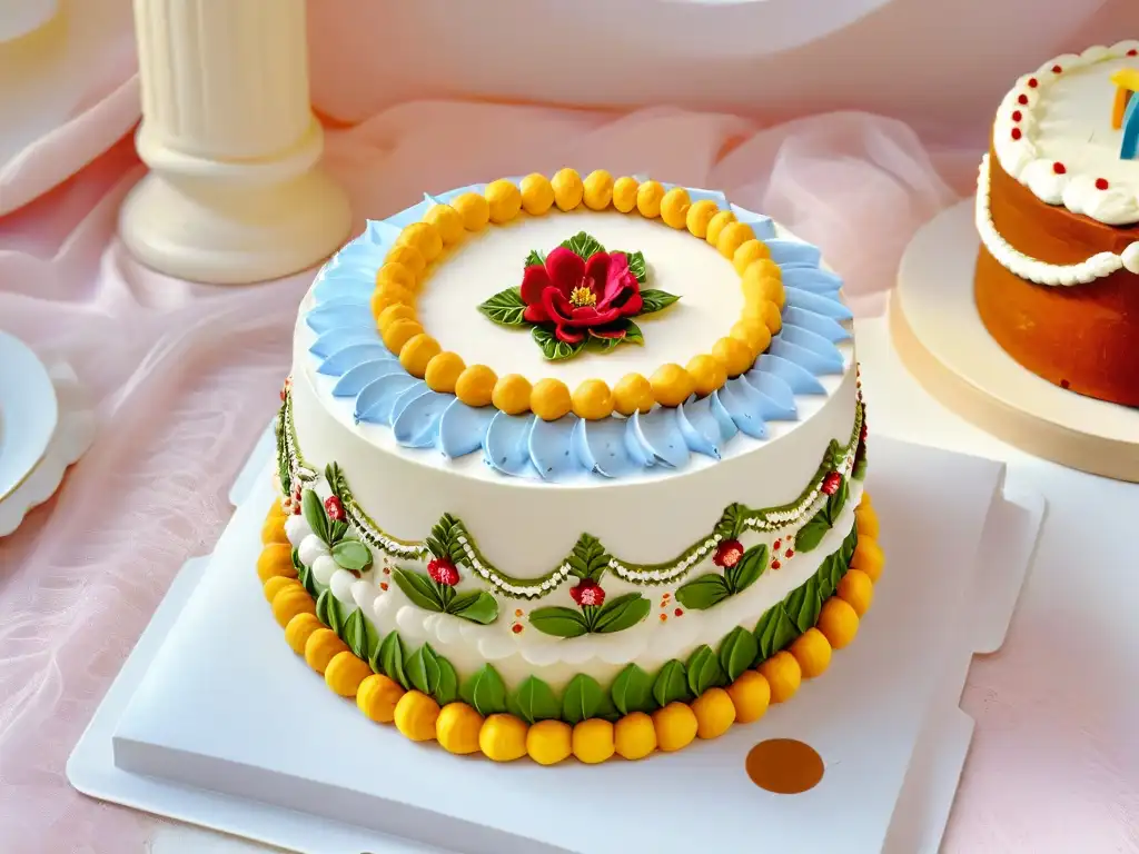 Exquisita tarta tradicional de Europa del Este en 8k Delicada repostería casera Europa del Este: pastel decorado con detalles florales en colores vibrantes sobre plato blanco