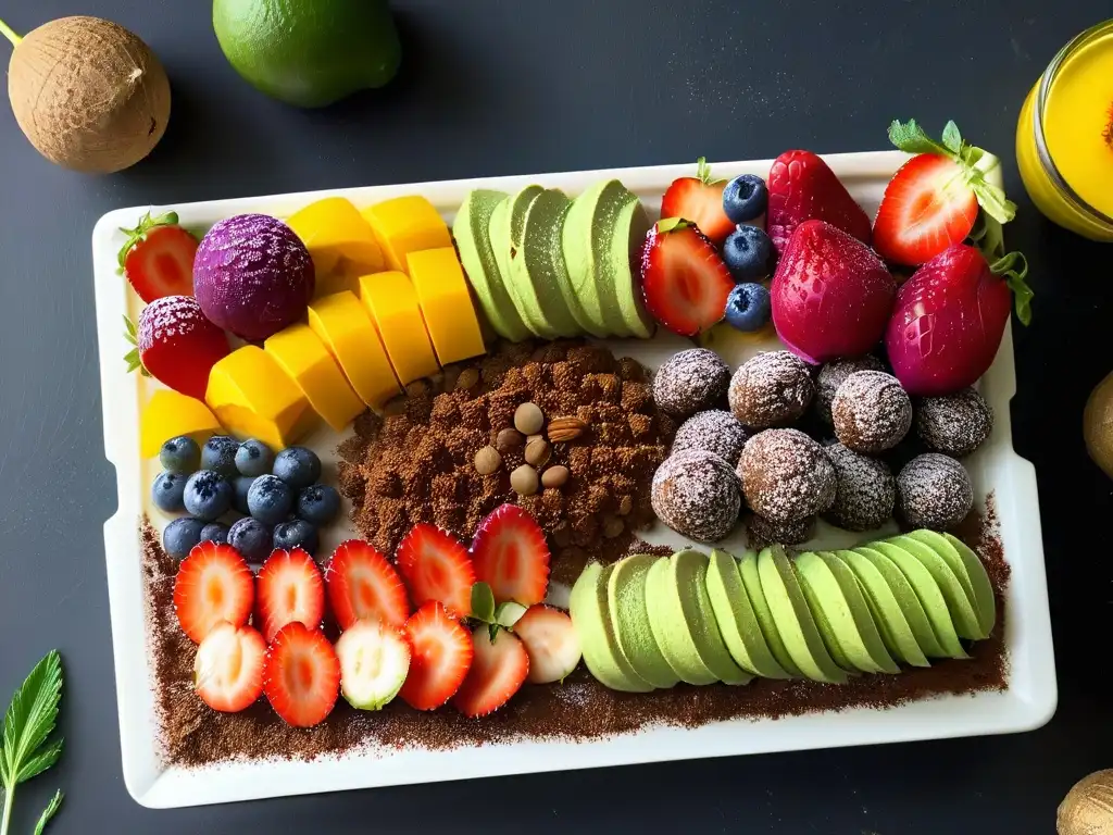 Delicada repostería crudivegana con frutas frescas y flores comestibles en plato moderno sobre fondo blanco