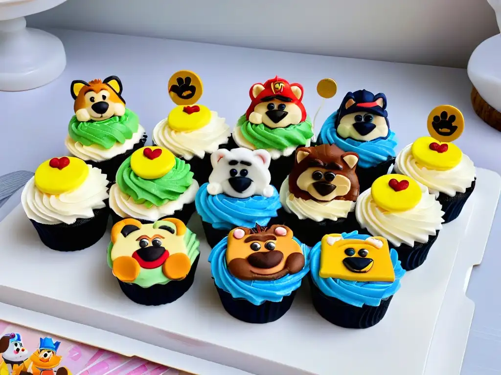 Delicada repostería Paw Patrol con cupcakes coloridos y detallados, exhibidos en elegante mostrador de mármol blanco