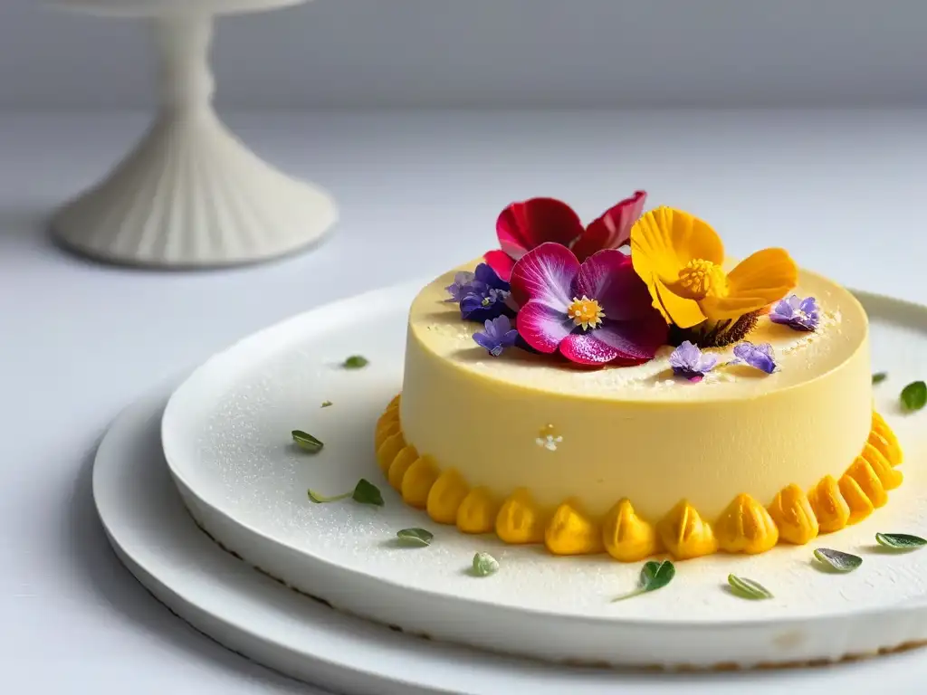 Una delicada repostería decorada con flores comestibles, rodeada de vapor, fusionando música y repostería multisensorial