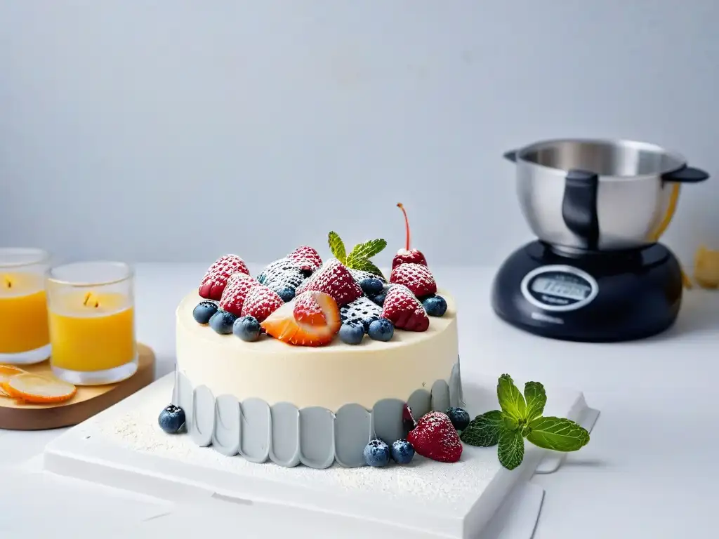 Delicada repostería para diabéticos: pastel decorado con frutas y menta en cocina minimalista