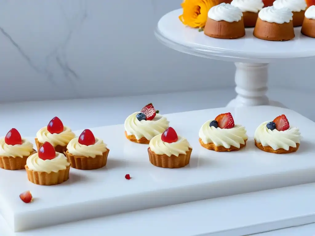 Delicada repostería sin gluten en elegante mostrador de mármol blanco