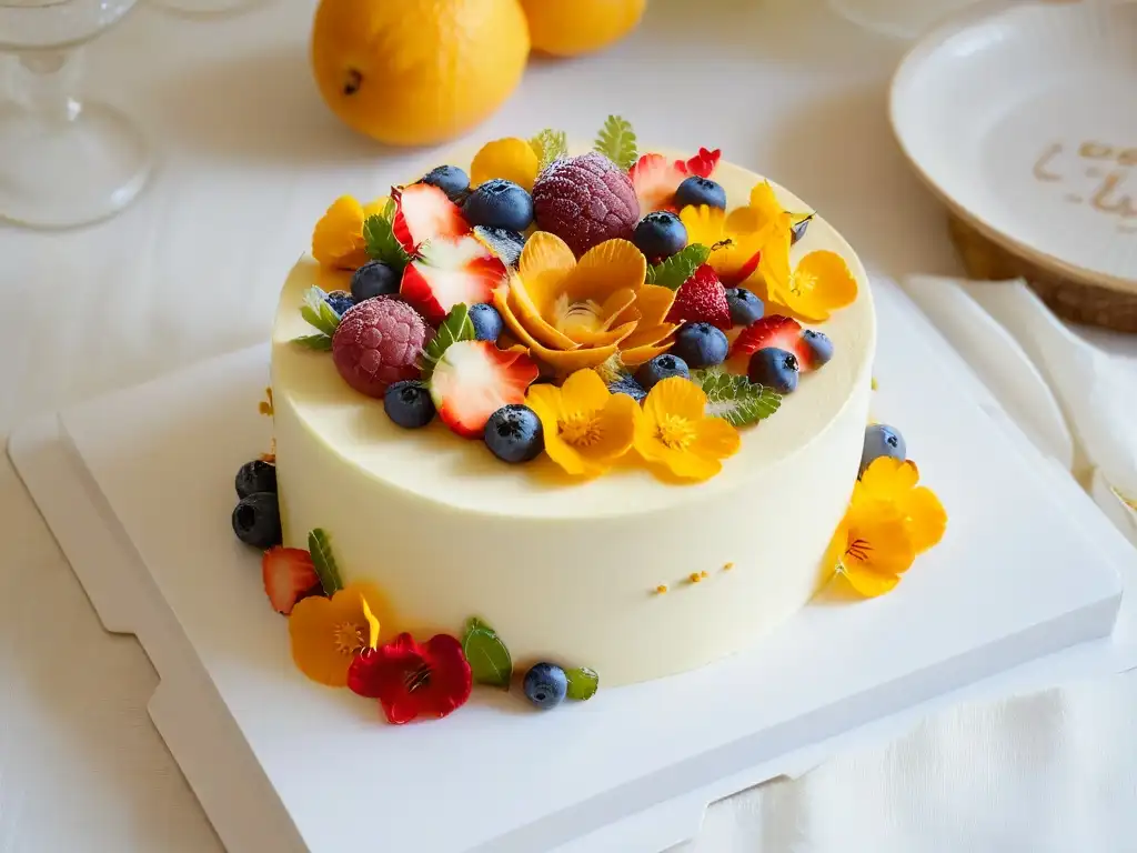 Delicada repostería ética y principios animales: pastel vegano adornado con flores y frutas