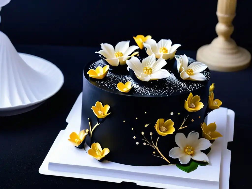 Delicada repostería de impresión 3D con flores de azúcar y detalles dorados, en un elegante plato blanco sobre fondo negro, destacando la calidad y el sabor de la repostería en 3D